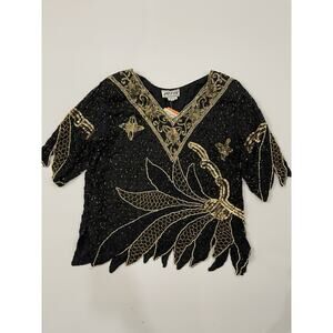 VTG Pete's Black 100% Silk Sequin Beaded Short Sleeve Blouse Top Women's M NWT
